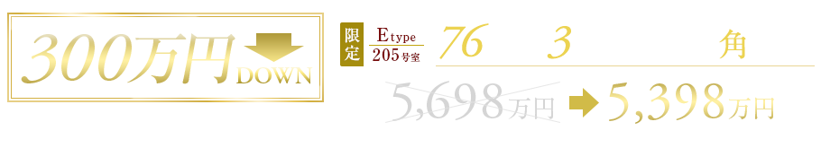 ［Eタイプ 205号室 限定 ／ 76㎡超　3LDK+S+WIC　角住戸］5,698万円から「300万円DOWN」して5,398万円※キャンセル住戸 ※旧価格公表日2025年8月5日、新価格公表日2025年11月7日 ※ご成約特典は対象外となります。