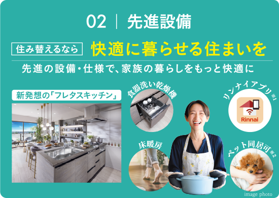 02｜先進設備 住み替えるなら快適に暮らせる住まいを 先進の設備・仕様で、家族の暮らしをもっと快適に 新発想の「フレタスキッチン」 食器洗い乾燥機 床暖房 リンナイアプリ※1 ペット同居可※2