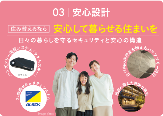 03｜安心設計 住み替えるなら安心して暮らせる住まいを 日々の暮らしを守るセキュリティと安心の構造 ハンズフリー解錠システム「ラクセスキー」 24時間セキュリティシステム 住戸内の床段差を抑えたバリアフリー設計 地震へ備えた強固な構造
