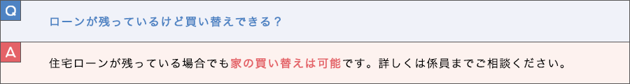 Q. ローンが残っているけど買い替えできる？ A. 住宅ローンが残っている場合でも家の買い替えは可能です。詳しくは係員までご相談ください。